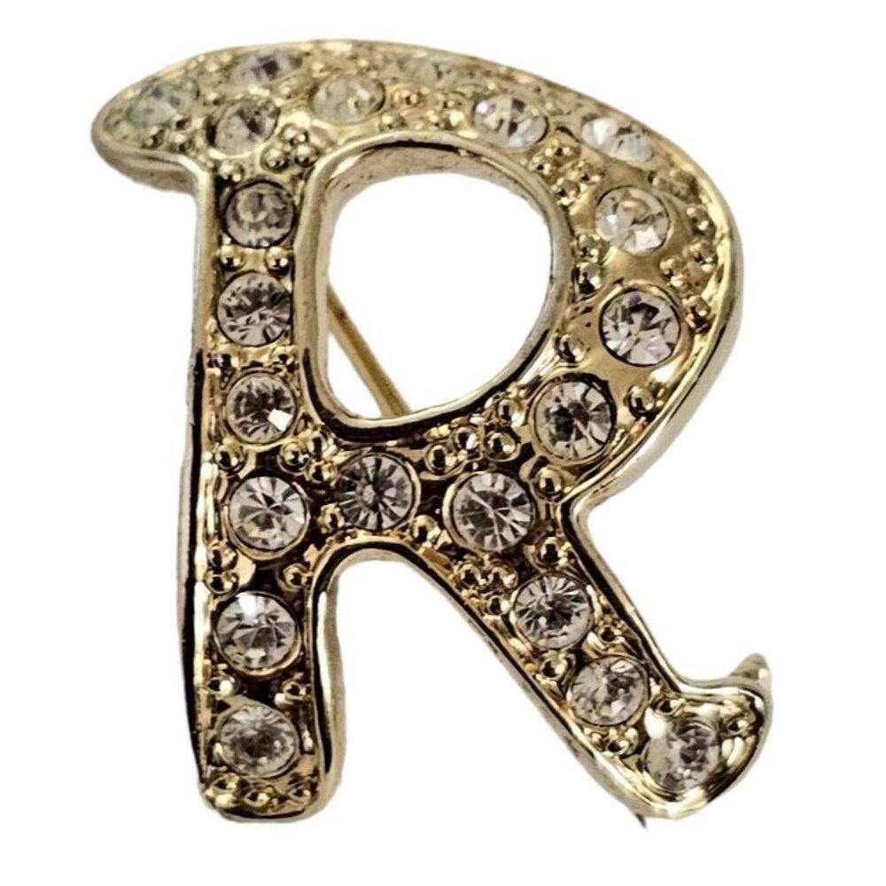 Gold Tone Clear Rhinestone Letter R Brooch Pin L141 - Picture 8 of 8